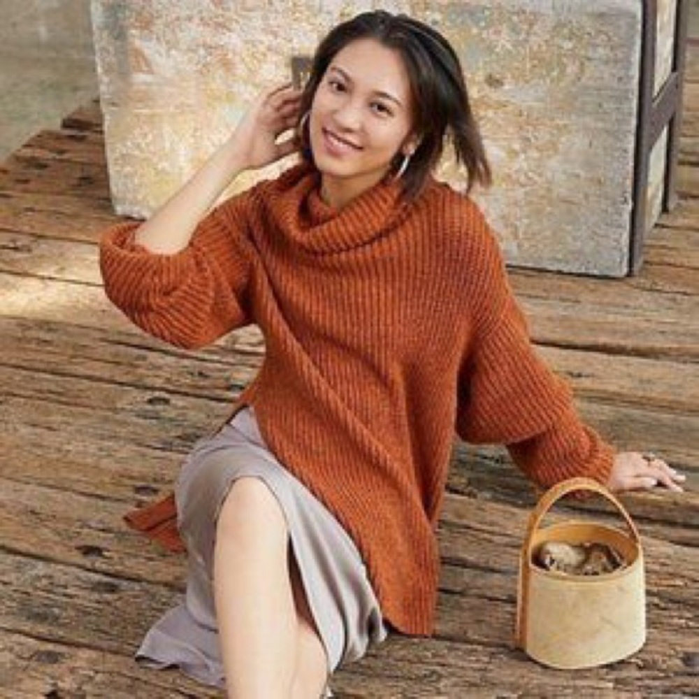 Free people eleven chunky knit turtleneck slit sweater tunic mini dress